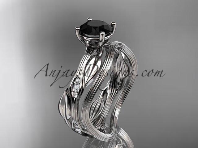 platinum diamond leaf and vine wedding ring set, engagement ring set with Black Diamond center stone ADLR31S - AnjaysDesigns