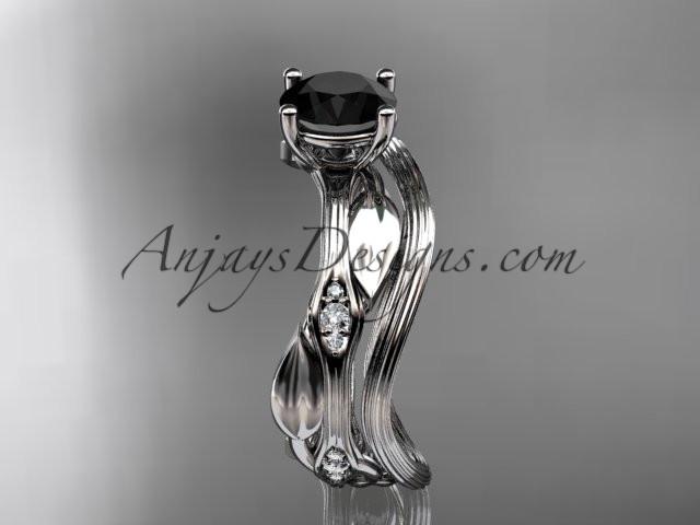 14k white gold diamond leaf and vine wedding ring set, engagement ring set with Black Diamond center stone ADLR31S - AnjaysDesigns