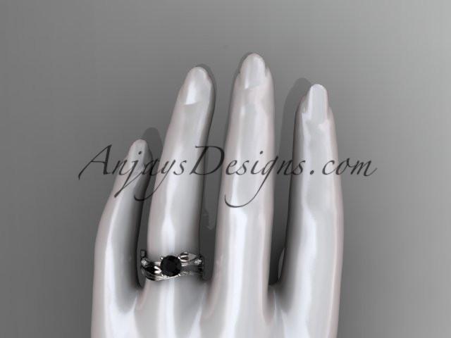 14k white gold diamond leaf and vine wedding ring set, engagement ring set with Black Diamond center stone ADLR31S - AnjaysDesigns