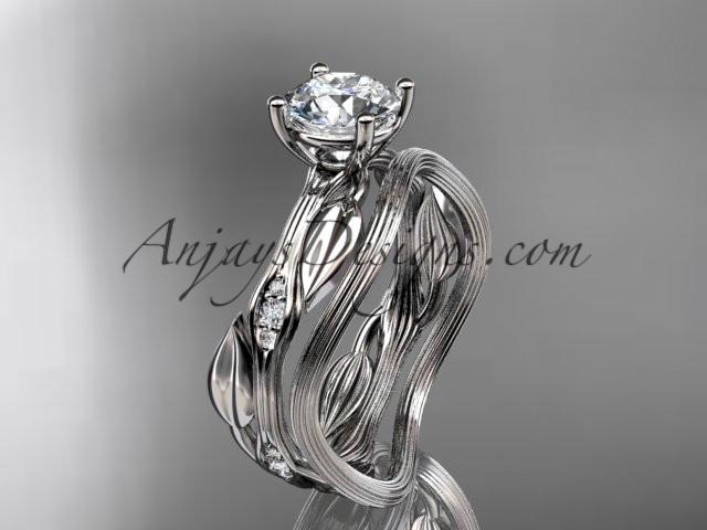 14k white gold diamond leaf and vine wedding ring set, engagement ring set with "Forever One" Moissanite center stone ADLR31S - AnjaysDesigns