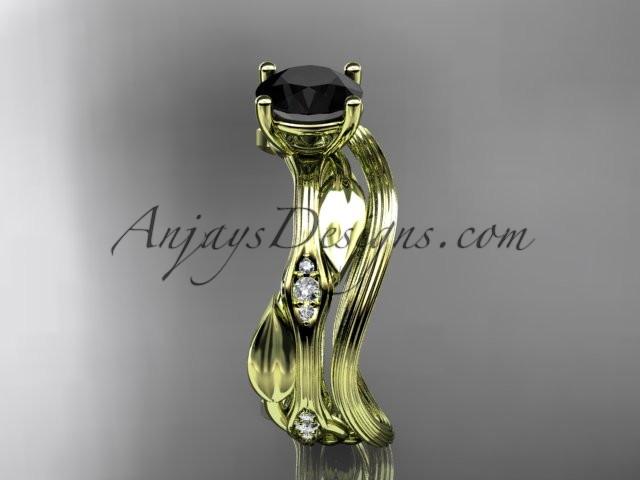 14k yellow gold diamond leaf and vine wedding ring set, engagement ring set with Black Diamond center stone ADLR31S - AnjaysDesigns