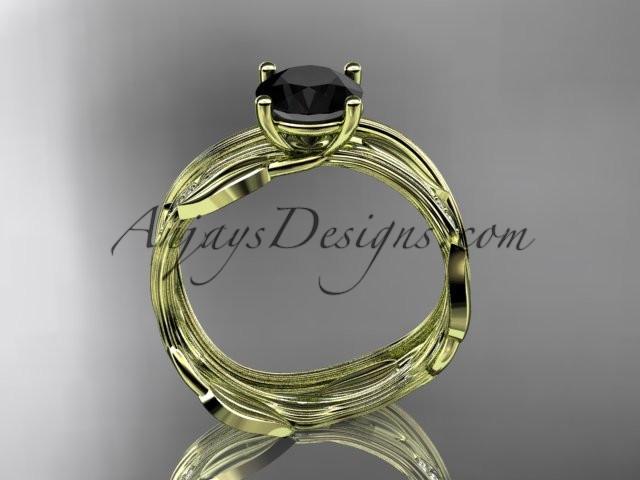 14k yellow gold diamond leaf and vine wedding ring set, engagement ring set with Black Diamond center stone ADLR31S - AnjaysDesigns