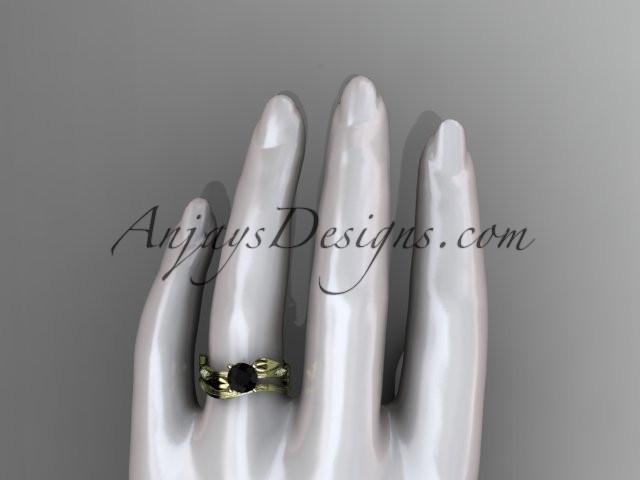 14k yellow gold diamond leaf and vine wedding ring set, engagement ring set with Black Diamond center stone ADLR31S - AnjaysDesigns