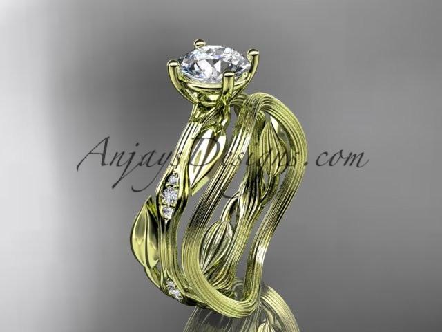 14k yellow gold diamond leaf and vine wedding ring set, engagement ring set with "Forever One" Moissanite center stone ADLR31S - AnjaysDesigns