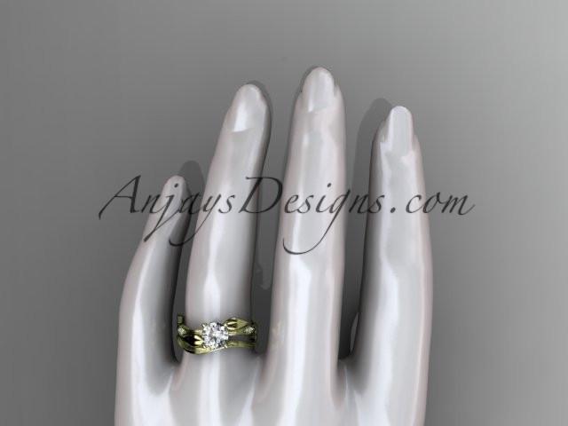 14k yellow gold diamond leaf and vine wedding ring set, engagement ring set with "Forever One" Moissanite center stone ADLR31S - AnjaysDesigns