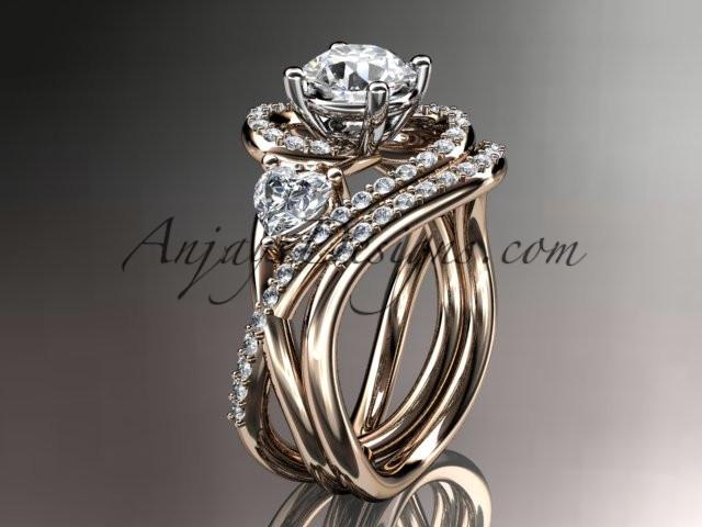 Unique 14kt rose gold diamond engagement set, wedding ring with a "Forever One" Moissanite center stone ADLR320S - AnjaysDesigns