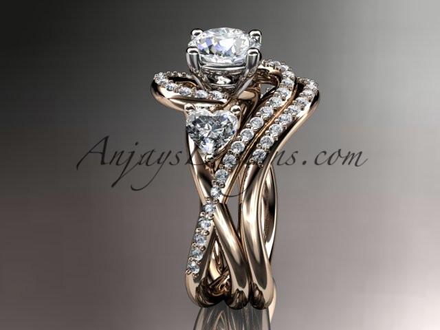 Unique 14kt rose gold diamond engagement set, wedding ring with a "Forever One" Moissanite center stone ADLR320S - AnjaysDesigns