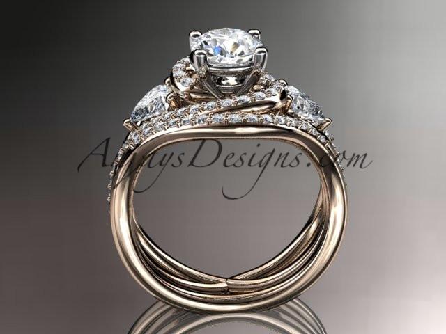 Unique 14kt rose gold diamond engagement set, wedding ring with a "Forever One" Moissanite center stone ADLR320S - AnjaysDesigns
