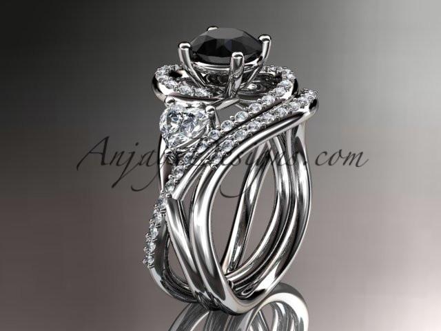 Unique platinum diamond engagement set, wedding ring with a Black Diamond center stone ADLR320S - AnjaysDesigns