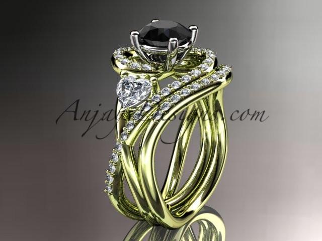 Unique 14kt yellow gold diamond engagement set, wedding ring with a Black Diamond center stone ADLR320S - AnjaysDesigns