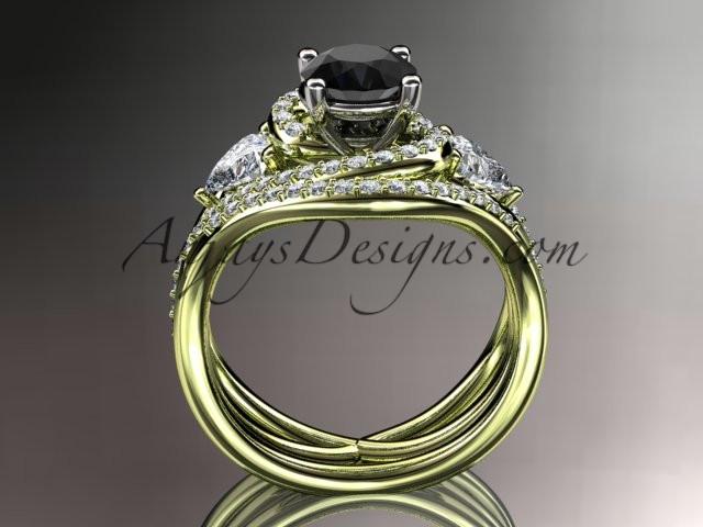 Unique 14kt yellow gold diamond engagement set, wedding ring with a Black Diamond center stone ADLR320S - AnjaysDesigns