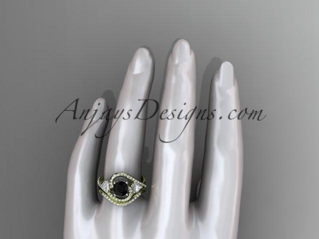Unique 14kt yellow gold diamond engagement set, wedding ring with a Black Diamond center stone ADLR320S - AnjaysDesigns
