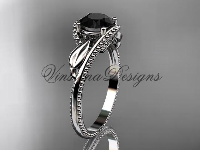 Unique Platinum leaf engagement ring. Enhanced Black Diamond ADLR322