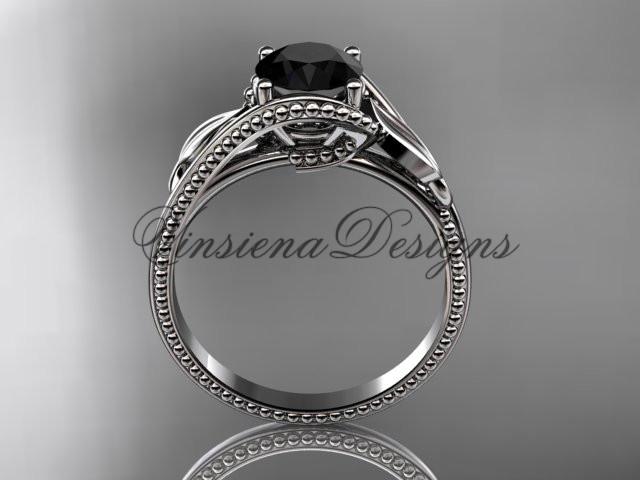 Unique Platinum leaf engagement ring. Enhanced Black Diamond ADLR322