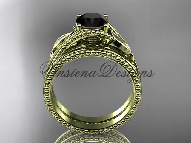 Unique 14kt yellow gold engagement ring set, Enhanced Black Diamond ADLR322S