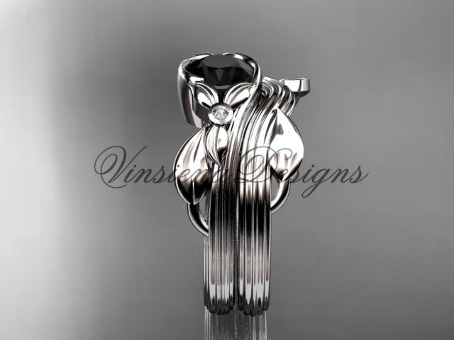Unique Platinum diamond floral engagement set, enhanced  Black Diamond  ADLR324S