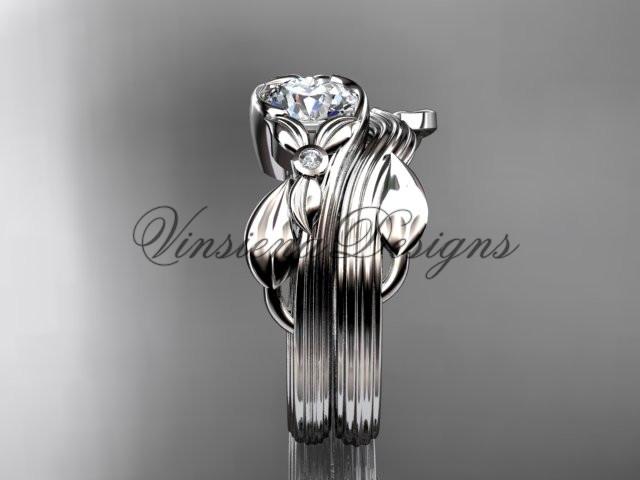 Unique platinum diamond floral engagement set, One Moissanite  ADLR324S