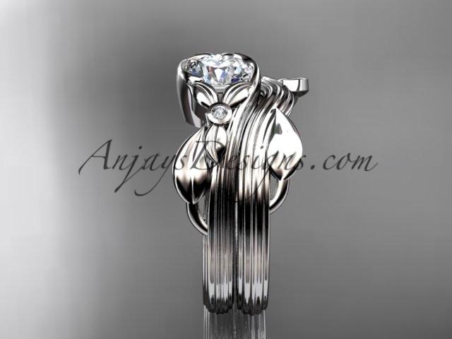 Unique platinum diamond floral engagement set with a "Forever One" Moissanite center stone ADLR324S - AnjaysDesigns