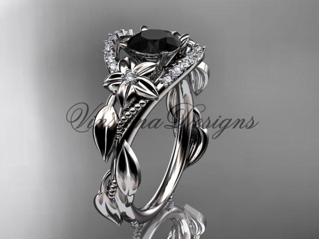 Platinum diamond leaf floral engagement ring, Enhanced Black Diamond ADLR326