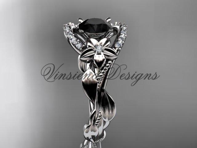 Platinum diamond leaf floral engagement ring, Enhanced Black Diamond ADLR326
