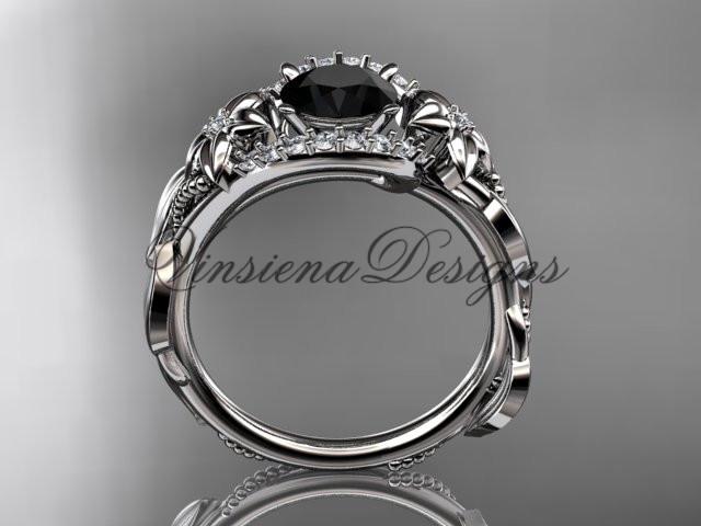 Platinum diamond leaf floral engagement ring, Enhanced Black Diamond ADLR326