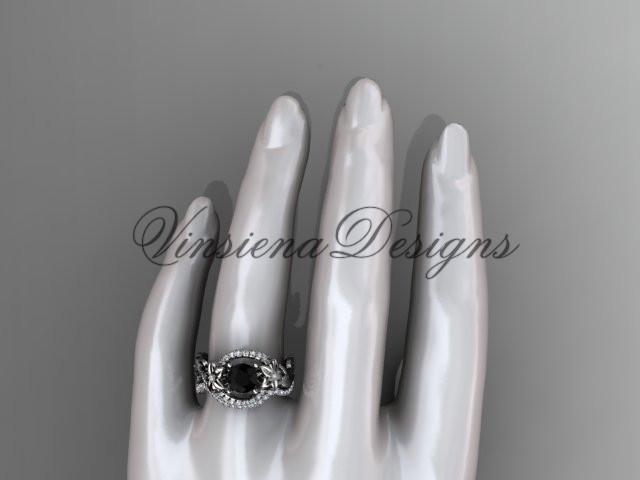 Platinum diamond leaf floral engagement ring, Enhanced Black Diamond ADLR326
