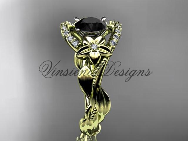 14k yellow gold diamond floral engagement ring. Enhanced Black Diamond ADLR326