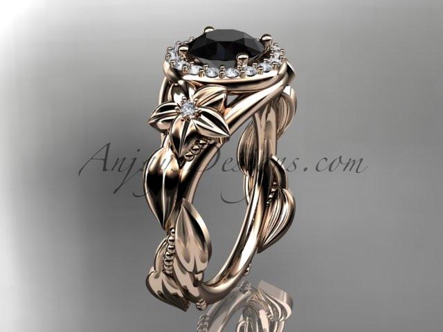 14k rose gold diamond unique leaf and vine, floral engagement ring with a Black Diamond center stone ADLR327 - AnjaysDesigns