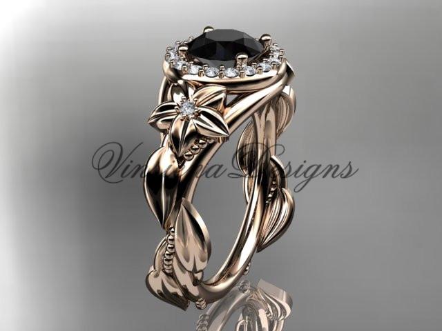 14k rose gold diamon floral engagement ring, Enhanced Black Diamond  ADLR327