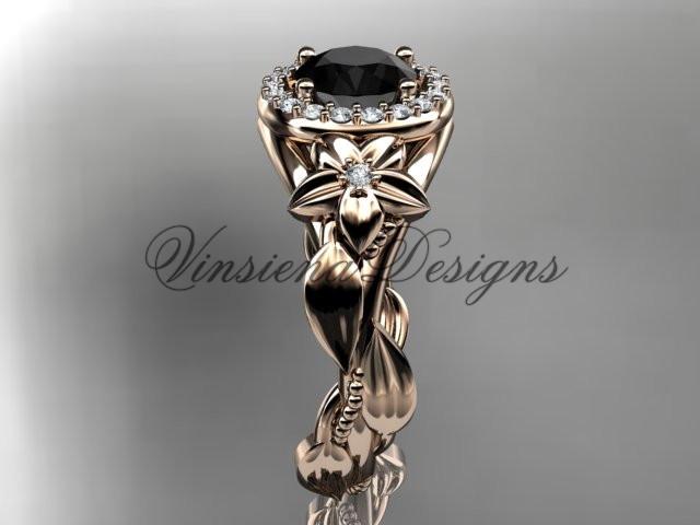 14k rose gold diamon floral engagement ring, Enhanced Black Diamond  ADLR327