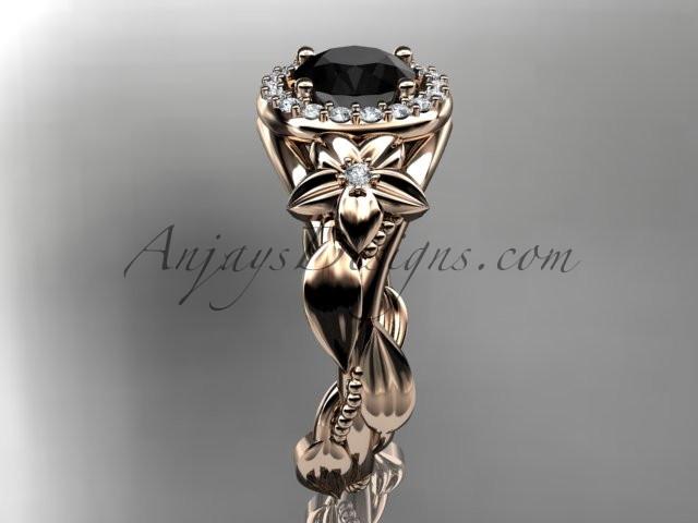 14k rose gold diamond unique leaf and vine, floral engagement ring with a Black Diamond center stone ADLR327 - AnjaysDesigns