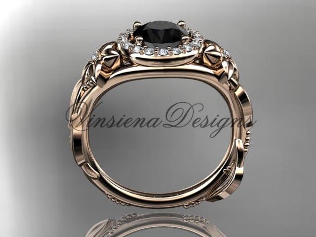 14k rose gold diamon floral engagement ring, Enhanced Black Diamond  ADLR327