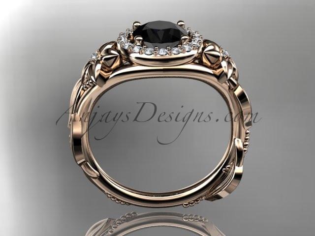 14k rose gold diamond unique leaf and vine, floral engagement ring with a Black Diamond center stone ADLR327 - AnjaysDesigns