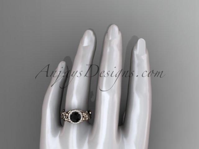 14k rose gold diamond unique leaf and vine, floral engagement ring with a Black Diamond center stone ADLR327 - AnjaysDesigns