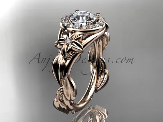 14k rose gold diamond unique leaf and vine, floral engagement ring with a "Forever One" Moissanite center stone ADLR327 - AnjaysDesigns