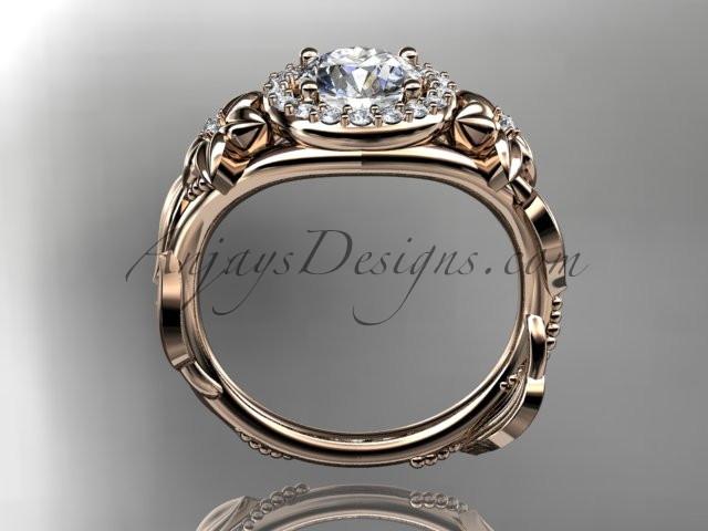 14k rose gold diamond unique leaf and vine, floral engagement ring with a "Forever One" Moissanite center stone ADLR327 - AnjaysDesigns