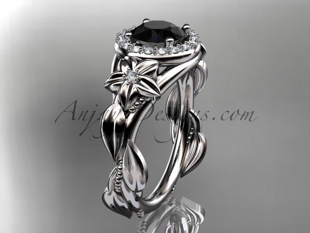 Platinum diamond unique leaf and vine, floral engagement ring with a Black Diamond center stone ADLR327 - AnjaysDesigns