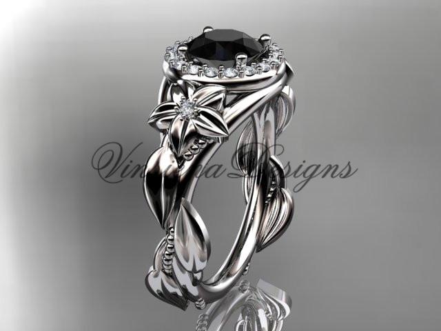 Platinum diamond leaf, floral engagement ring, Enhanced Black Diamond ADLR327