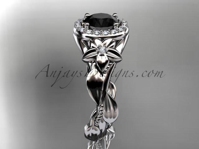 14k white gold diamond unique leaf and vine, floral engagement ring with a Black Diamond center stone ADLR327 - AnjaysDesigns