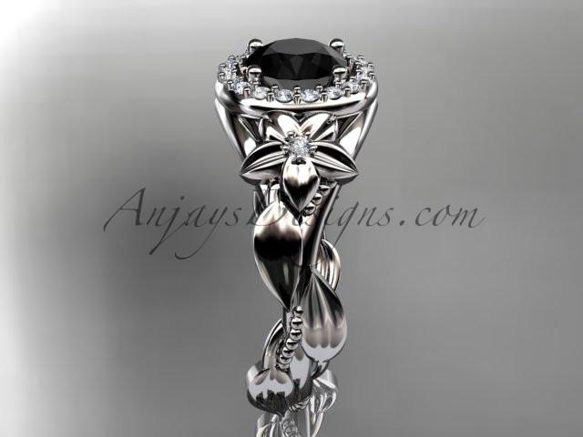 Platinum diamond unique leaf and vine, floral engagement ring with a Black Diamond center stone ADLR327 - AnjaysDesigns