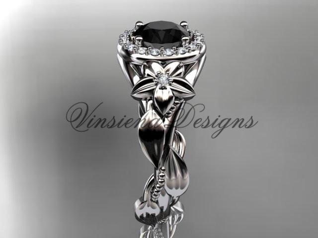 Platinum diamond leaf, floral engagement ring, Enhanced Black Diamond ADLR327