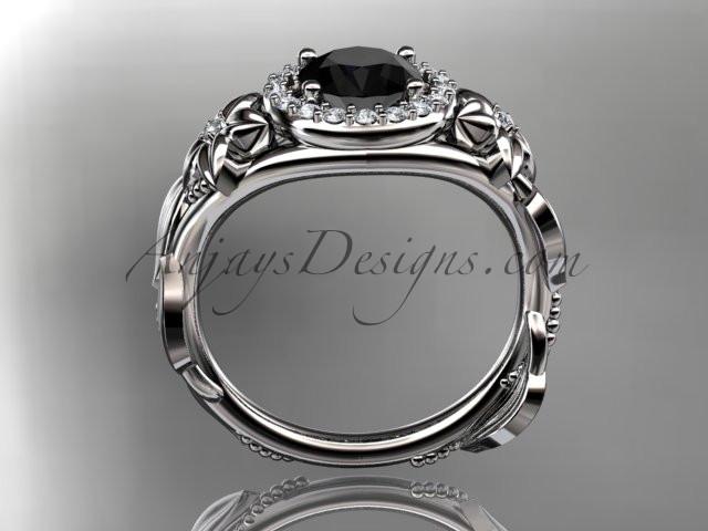 Platinum diamond unique leaf and vine, floral engagement ring with a Black Diamond center stone ADLR327 - AnjaysDesigns