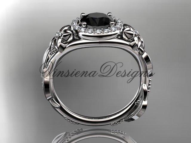 Platinum diamond leaf, floral engagement ring, Enhanced Black Diamond ADLR327