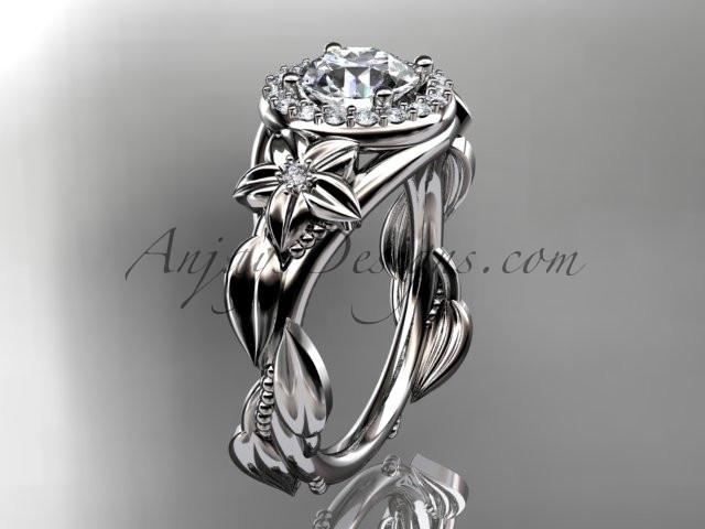 14k white gold diamond unique leaf and vine, floral engagement ring with a "Forever One" Moissanite center stone ADLR327 - AnjaysDesigns