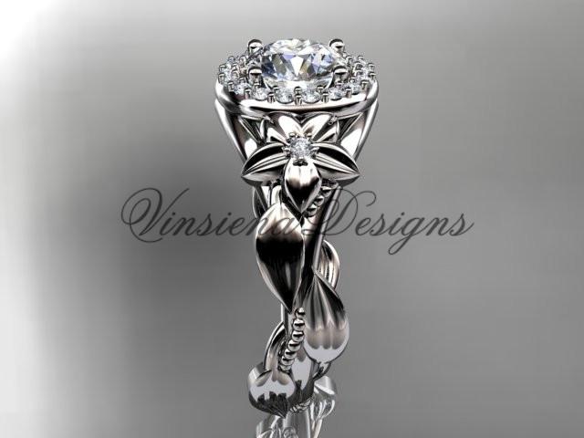 14k white gold diamond unique leaf and vine, floral engagement ring ADLR327
