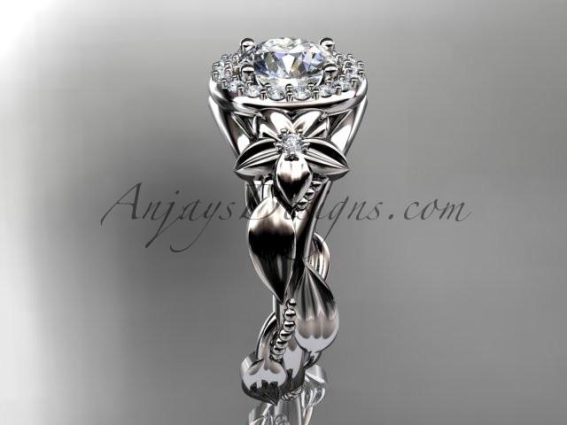 14k white gold diamond unique leaf and vine, floral engagement ring with a "Forever One" Moissanite center stone ADLR327 - AnjaysDesigns