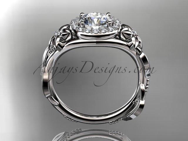 14k white gold diamond unique leaf and vine, floral engagement ring with a "Forever One" Moissanite center stone ADLR327 - AnjaysDesigns