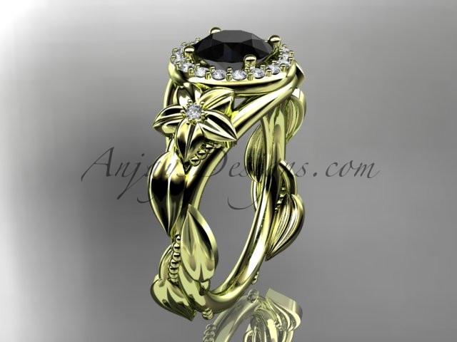14k yellow gold diamond unique leaf and vine, floral engagement ring with a Black Diamond center stone ADLR327 - AnjaysDesigns