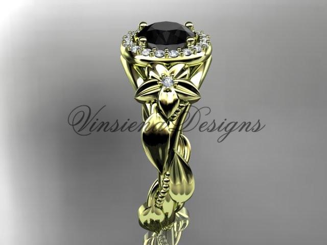 14k yellow gold diamond floral engagement ring, Enhanced Black Diamond ADLR327