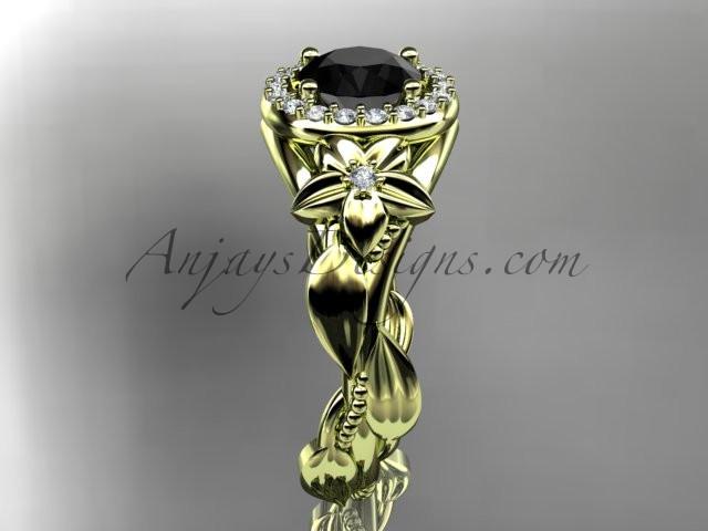 14k yellow gold diamond unique leaf and vine, floral engagement ring with a Black Diamond center stone ADLR327 - AnjaysDesigns